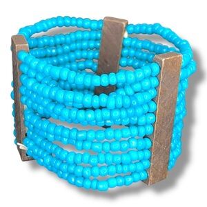 Teal Blue Beaded Bracelet Boho Bohemian Wood Accent Panels